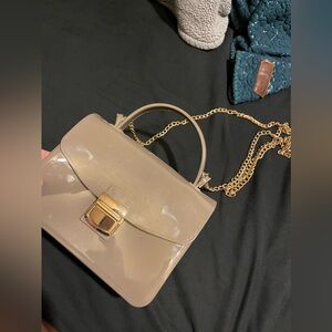 Elegant Taupe Handbag with Gold Chain